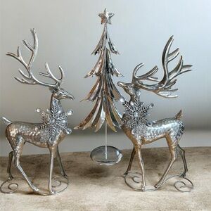 2 Metal deer w/ snowflake on neck 20” tall and Christmas tree, metal 22” tall